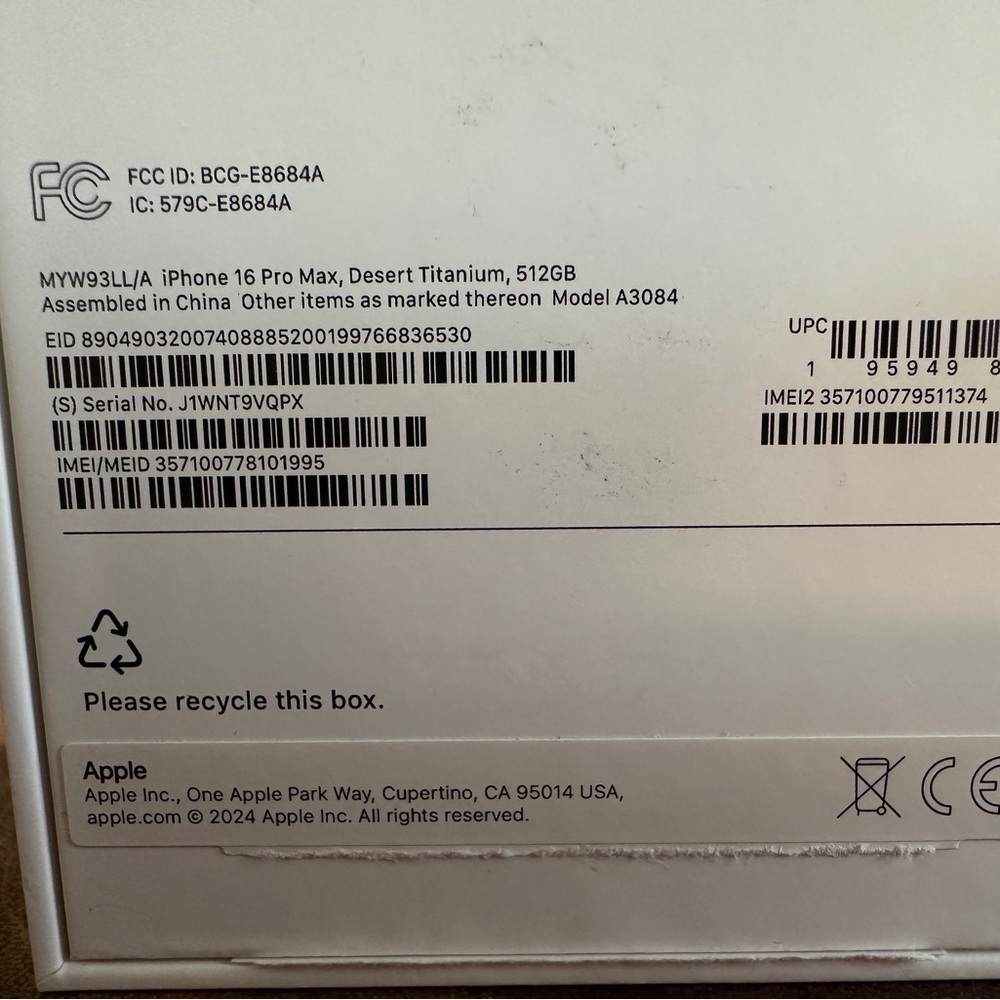 BOX ONLY for iPhone 16 Pro Max in Desert Titanium 512 Gb w/papers inside - Picture 3 of 7